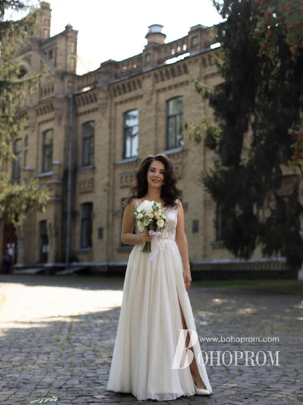 Romantic Chiffon V-neckline A-line Wedding Dresses With Appliques Beaded WD653 Off-shoulder Gown