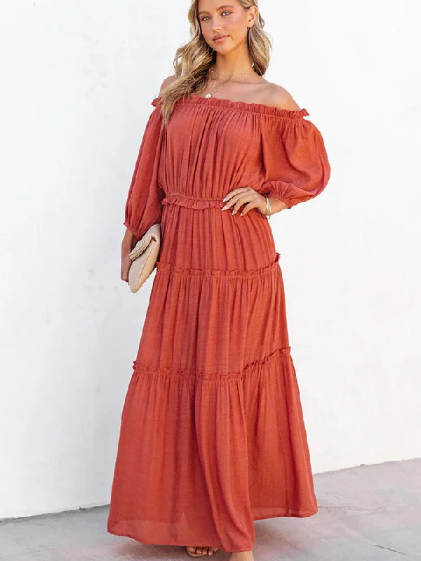 Ruffle Trim Off Shoulder Long Sleeve Maxi Dress Wedding guest maxi dresses