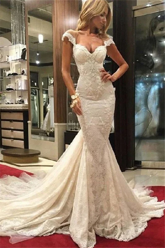 Sexy Mermaid Lace Wedding Dresses stunning Cap Sleeves Appliques Bridal Gowns DM106 Mermaid Style Gown