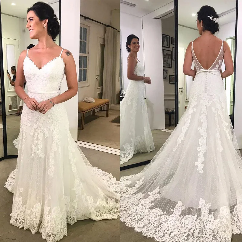 Sexy V-Back A-Line Wedding Dress, Vintage Lace Spagehtti Straps Wedding Dress, D1052 Full Skirt Wedding