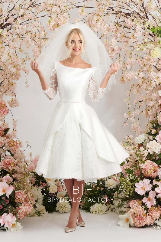 Illusion 3/4 Sleeves Custom Lace Satin Boat Neck Short Bridal Dress Strapless Bridal Dress