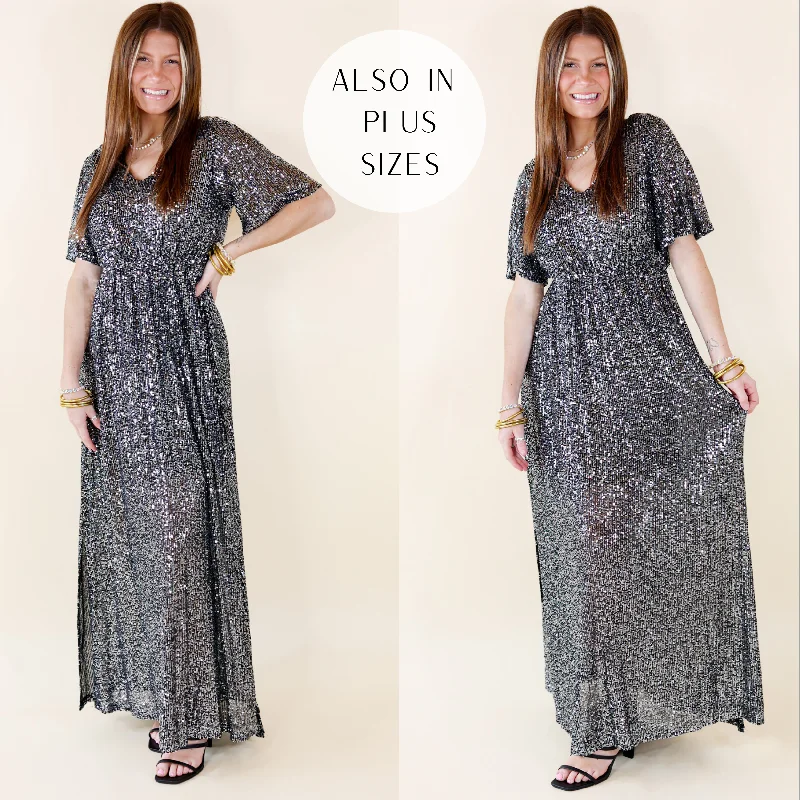 Sparkle In The City Short Sleeve Sequin Maxi Dress in Black Winter maxi dresses