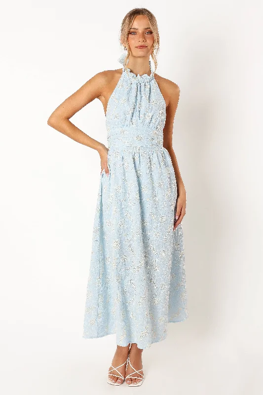 Taila Halterneck Midi Dress - Blue Floral Satin midi dresses