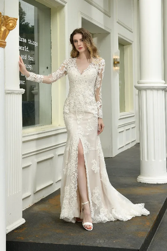 V-Neck High Split Long Sleeves Lace Wedding Dresses With Court Train Modern Bridal Gown