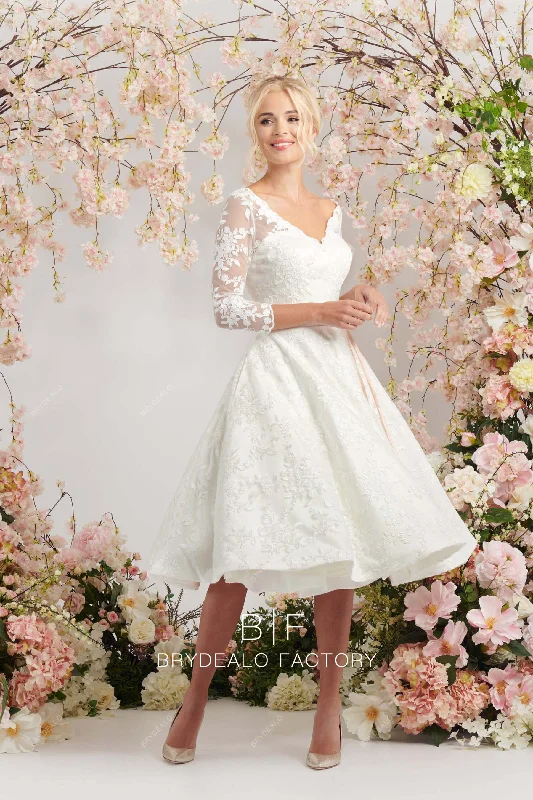 V-neck Long Sleeves Designer Lace Tea-Length Puffy Wedding Dress Ball Gown Wedding