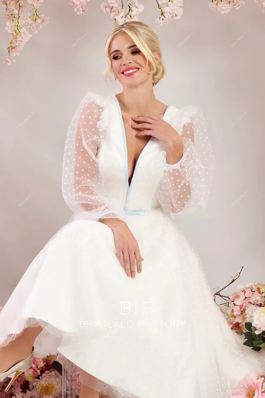 Plunging V-neck Sheer Sleeves Timeless Polka Dot Tulle Short Bridal Dress Elegant Satin Dress