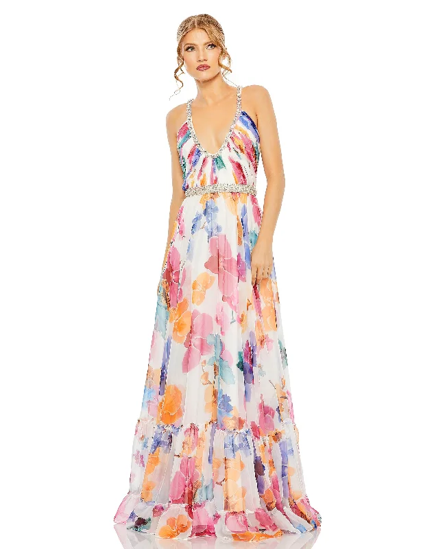 Plunge Neck Embellished A Line Floral Print Gown Must-have party dresses for this season