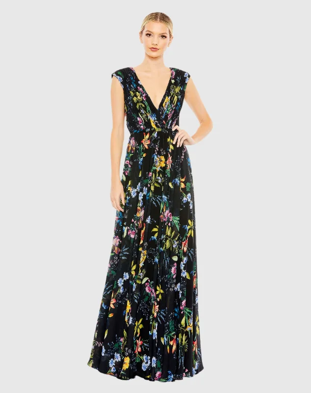 Pleated Floral Cap Sleeve A Line Gown Flattering party dresses for all body types