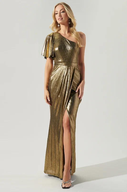 Primadonna Liquid Gold One Shoulder Maxi Gown Best party dresses for petites