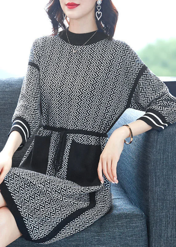 Beautiful Black O-Neck Print Drawstring Knit Sweater Dress Long Sleeve Sweater Dress Outfit