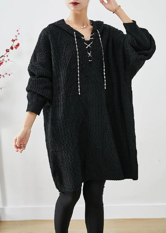 Black Loose Knit Long Sweater Dress Hooded Fall Woolen Sweater Dress