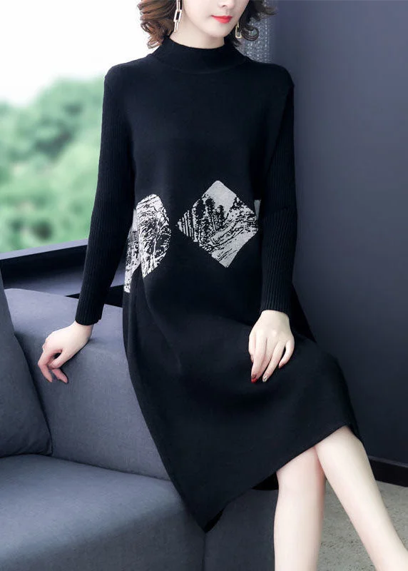 Black Print Warm Cashmere Sweater Dress Stand Collar Long Sleeve Sweater Dress with Belt