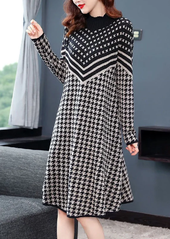 Black White Print Cinch Sweater Dress High Neck Long Sleeve Sweater Dress Casual