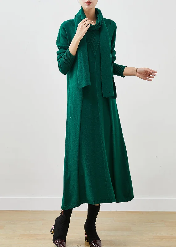 Blackish Green Wool Knit Sweater Dress Free Scarf Winter Oversized Sweater Dress