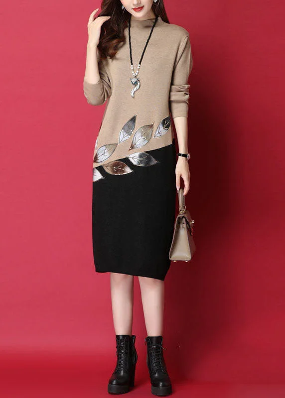 Camel Patchwork Knitted Sweater Dress Leaf Sequins Long Sleeve Knit Sweater Dress