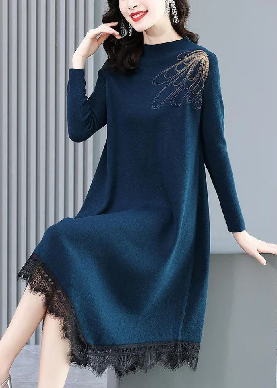 Casual Blue High Neck Lace Patchwork Knit Sweater Dress Long Sleeve Oversized Knit Dress