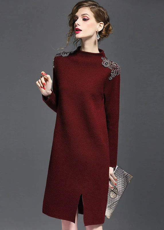 Chic Mulberry Turtle Neck Side Open Knit Sweater Dress Long Sleeve Stylish Sweater Dress