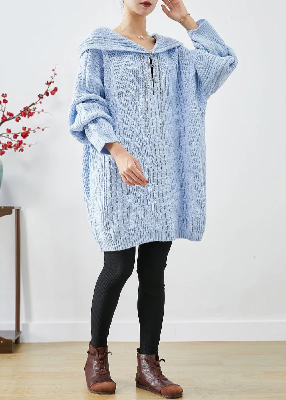 Chic Sky Blue Hooded Oversized Knit Sweater Dress Fall Cozy Dress Sweater