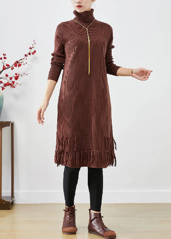 Chocolate Knit Sweater Dress High Neck Tasseled Fall High Neck Sweater Dress