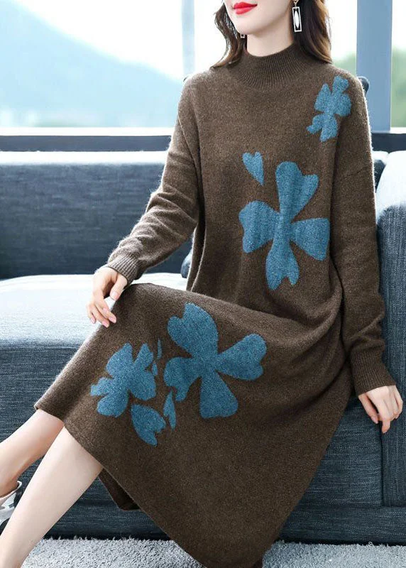 Coffee Cashmere Long Sweater Dress Stand Collar Embroideried Long Sleeve Long Knit Sweater Dress