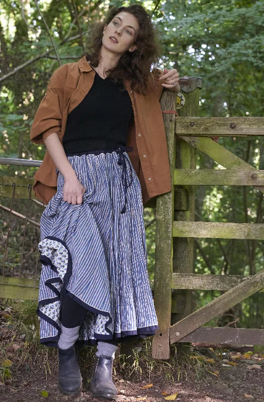 Cotton Striped Skirt / Denim Blue Fitted Denim Skirt