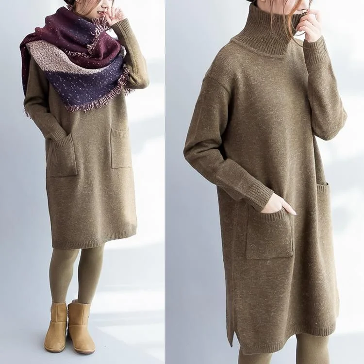 Deep khaki knit sweater dress oversize knitted dresses long sleeve cotton sweaters Cozy Knit Gown