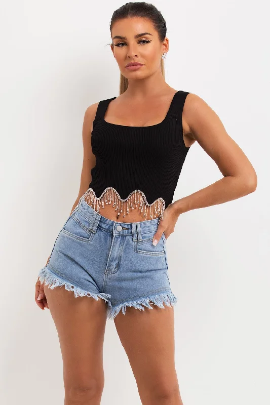 Denim Shorts With Frayed Hem High Rise Denim Skirt