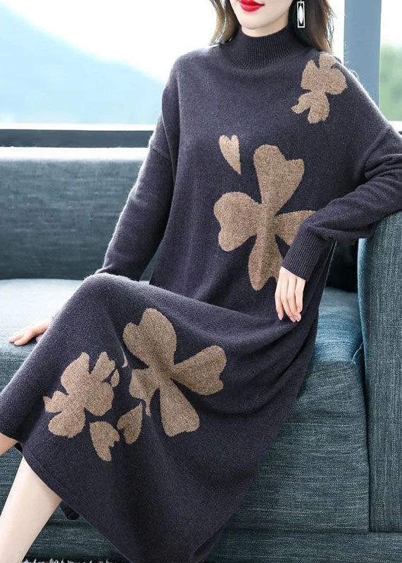 DIY Purple Stand Collar Embroideried Knit Cashmere Sweater Dress Long Sleeve Sweater Dress Trendy