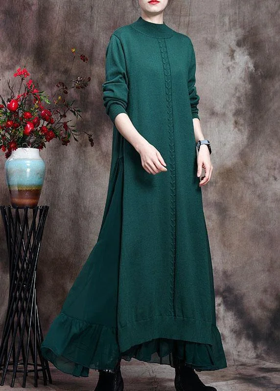 Elegant Green Stand Collar asymmetrical design Fall Knit Sweater Dress Long Sleeve Sweater