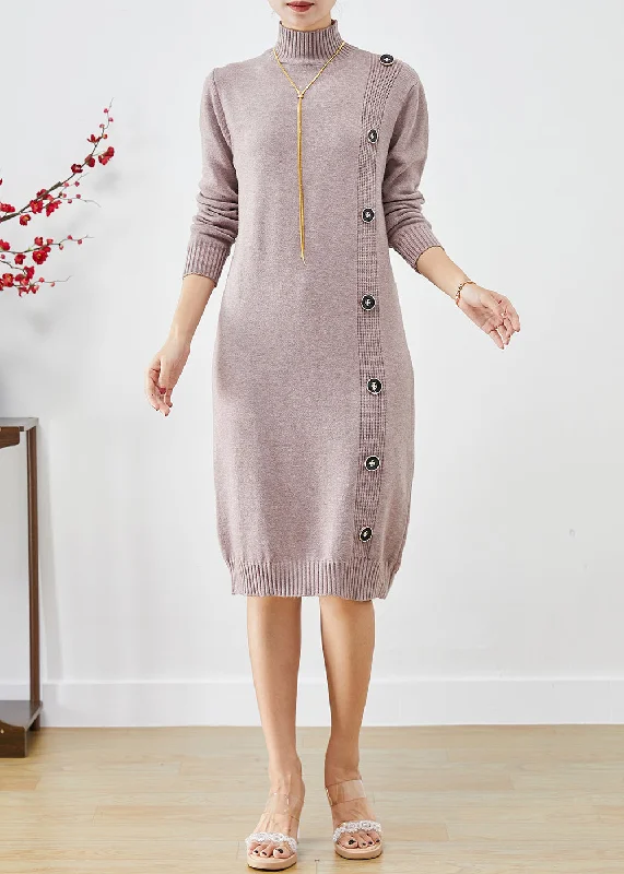 Elegant Light Purple High Neck Button Knit Sweater Dress Fall Fall Sweater Dress