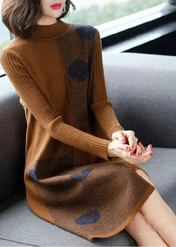 Fashion Chocolate High Neck Asymmetrical Design Knit Sweater Dress Long Sleeve Slim Fit Sweater Dress