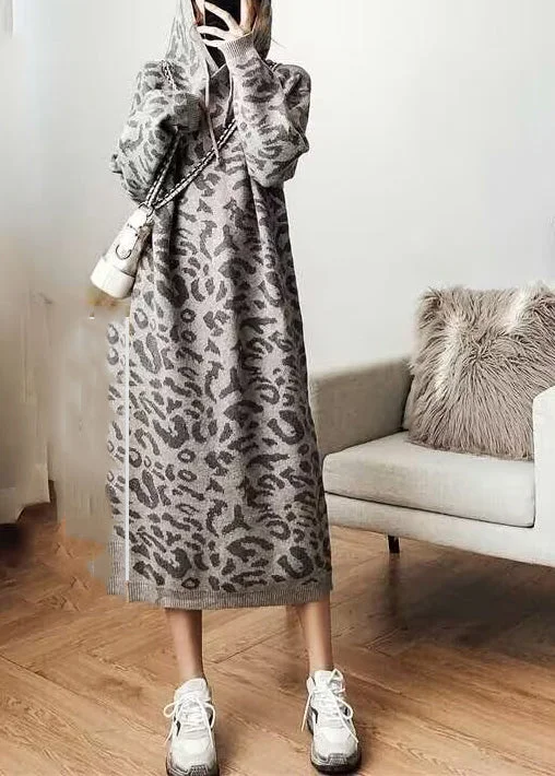 Fashion Grey Leopard Cozy Hoodie Knit Sweater Dress Fall Sweater Dress Chic