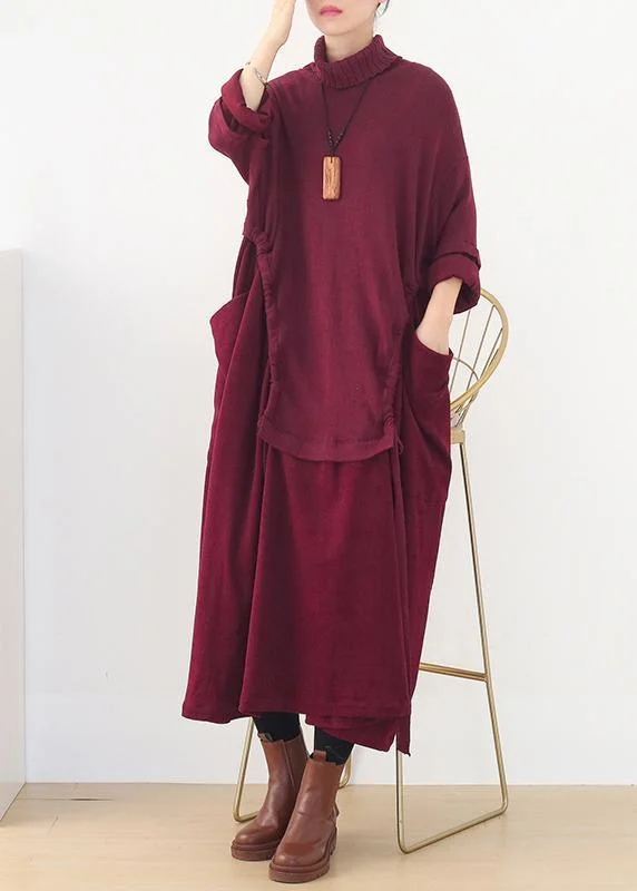 Fashion long sleeve Sweater high neck weather Moda red Art sweater dresses Turtleneck Knit Dress