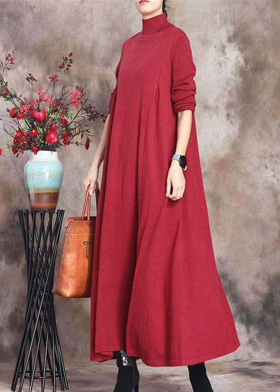 Fashion Red retro Knit slim fit Fall Long Sweater Dress Trendy Knit Sweater