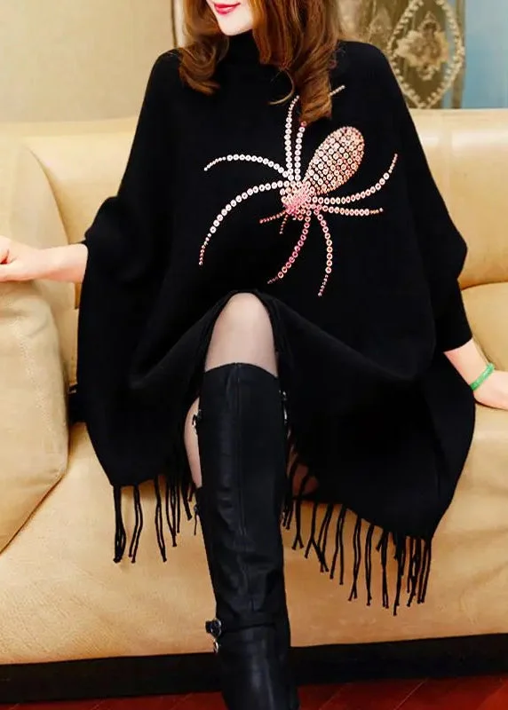 Fine Black Turtleneck Tassel Long Knit Sweater Dress Winter Sweater Dress Twist