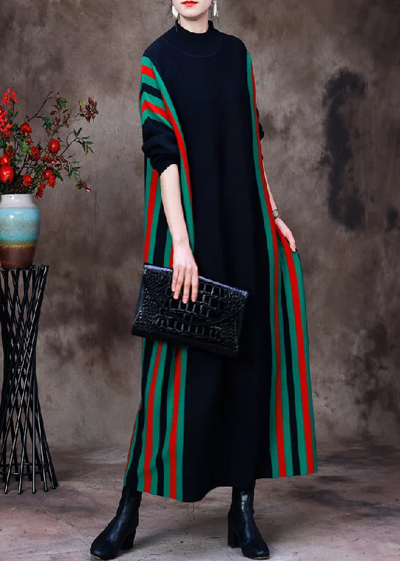 Fitted Black Turtleneck Striped Patchwork Knit Long Sweater Dress Long Sleeve High Neck Knit Dress