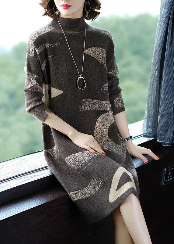 French Khaki Stand Collar Oversized Print Cashmere Sweater Dress Long Sleeve Casual Winter Sweater