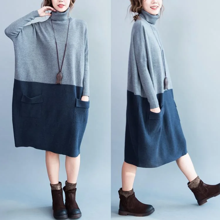 Gray cotton patchwork sweaters baggy kintted sweater dresses Fall Knit Sweater