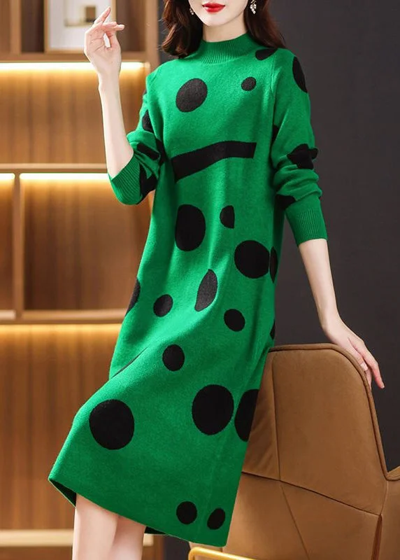 Green Dot Print Patchwork Knit Sweater Dress Turtleneck Long Sleeve Cozy Bodycon Sweater