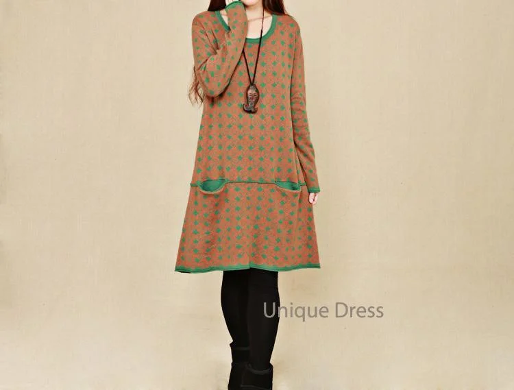 Green print women long sweater dress Cozy Sweater Dress