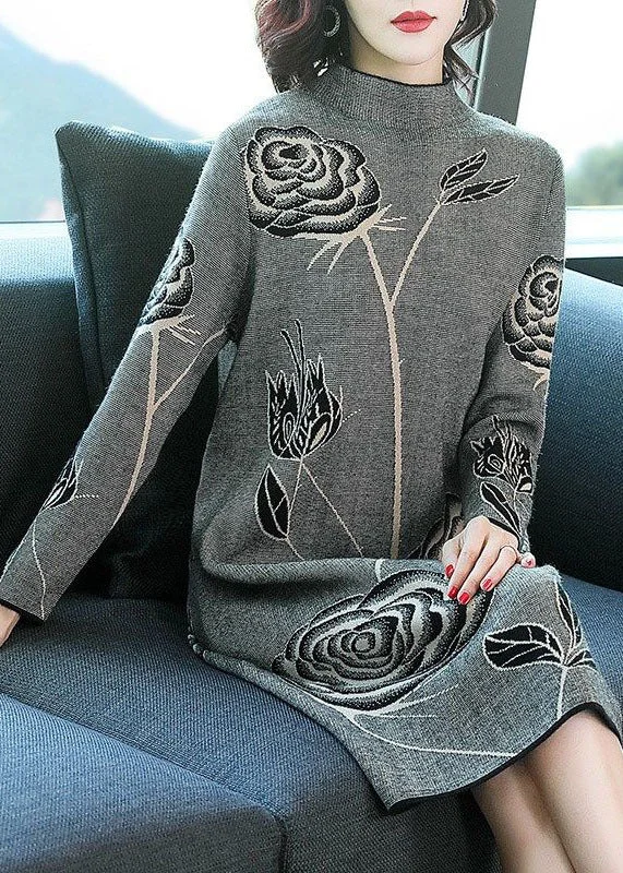 Grey Floral Print Knit Long Sweater Dress Turtleneck Winter Cozy Sweater Gown