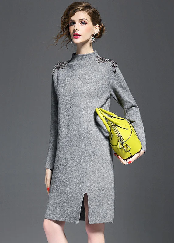 Grey Knit Sweater Dress Turtle Neck Nail Bead Side Open Long Sleeve Cozy Knit Sweater Dress