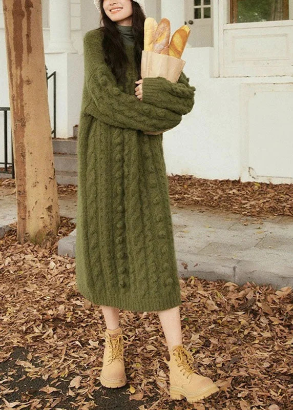 Handmade Green O-Neck Side Open Cozy Cotton Knit Cable Sweater Dress Long Sleeve V-neck Sweater Dress