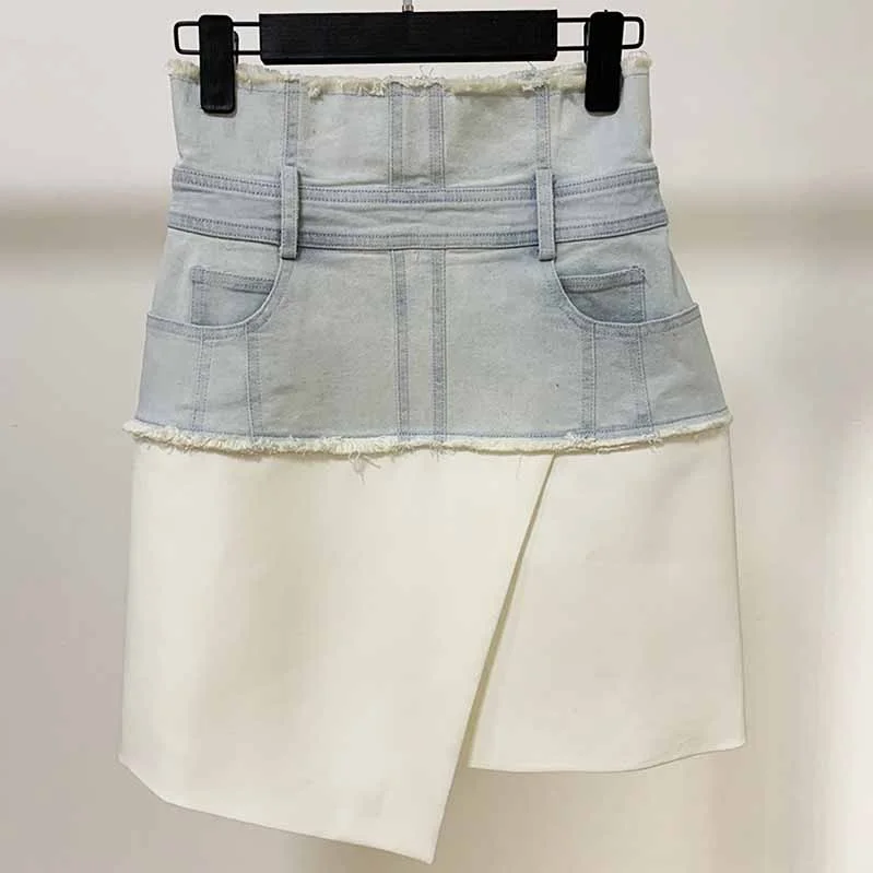 Hight Waisted Jean Skirt Blue and White Short Irregular Denim Skirt A-line Denim Skirt