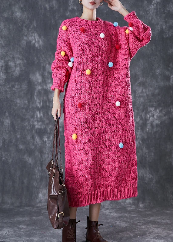 Italian Rose Fuzzy Ball Decorated Knit Long Sweater Dress Winter Fitted Sweater Dress