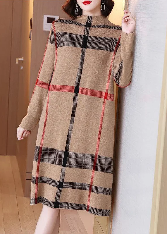 Light Camel Print Knit Sweater Dress High Neck Winter Warm Knit Sweater