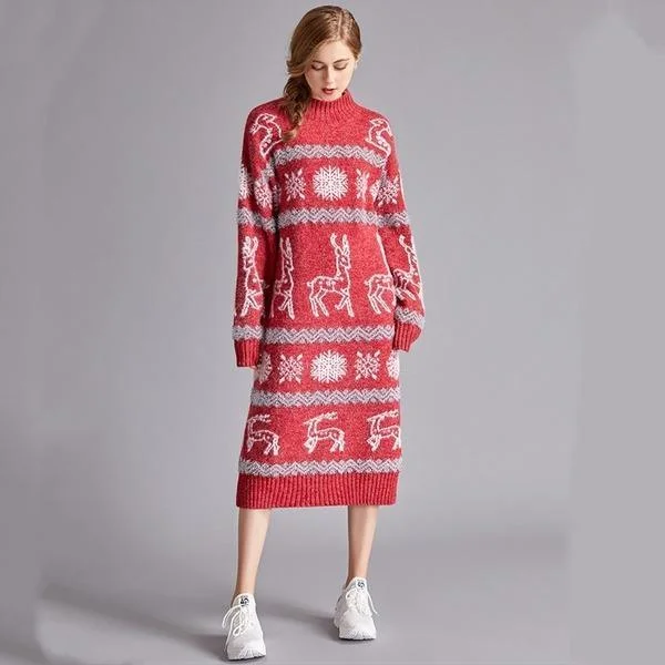 long sleeve plus size wool knitted Christmas women casual midi autumn winter Sweater dress Simple Sweater Dress