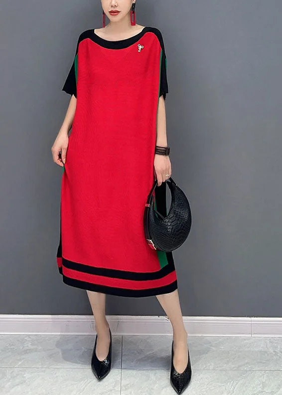 Loose Red O-Neck Knit Sweater Dresses Short Sleeve Long Sleeve Sweater Dress