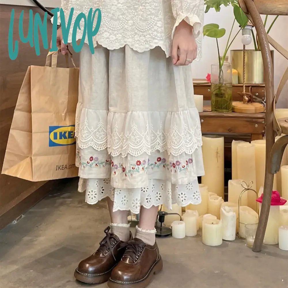 Lunivop New Fashion Long Maxi Skirts Women Elastic Waist  Spring Autumn Linen Skirt Lace Beige Japan Style Embroidery Embellished Maxi Skirt