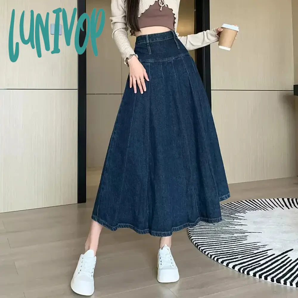 Lunivop New Women Spring Summer Vintage Pleated Skirt Fashion High Waist All-match A-Line Denim Skirt Casual Loose Dark Blue Long Skirt Blue Denim Skirt